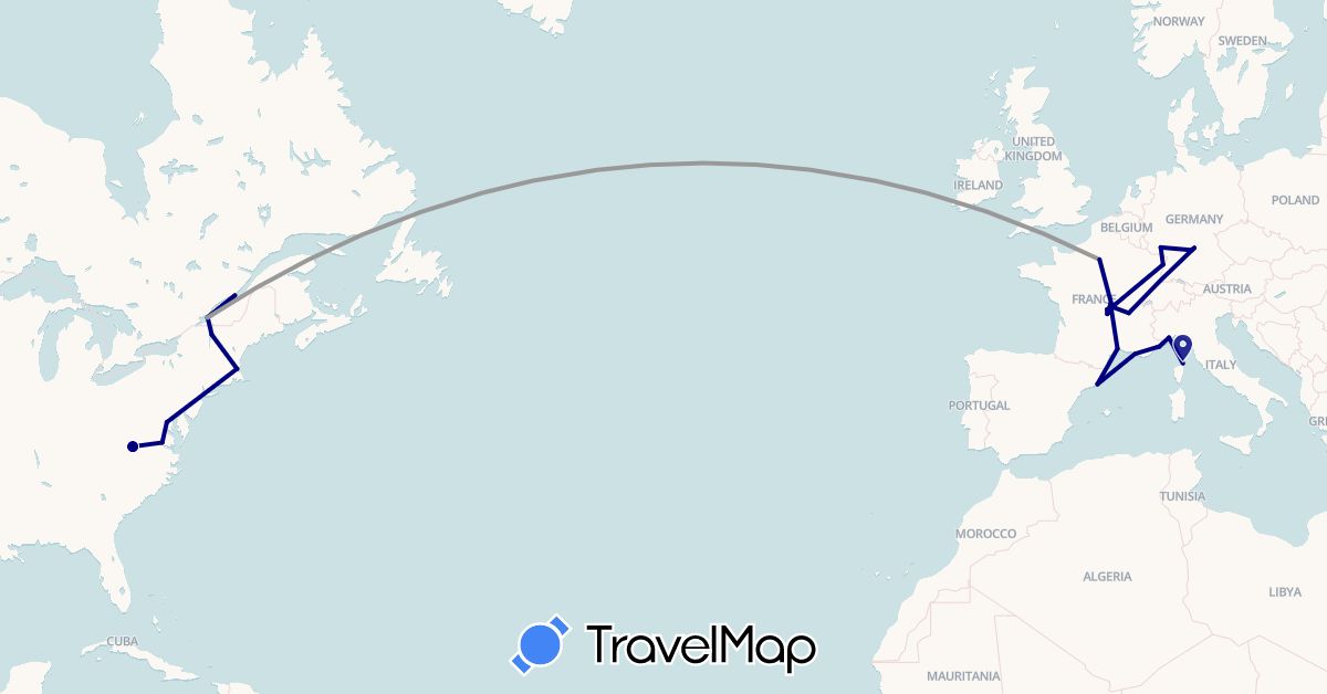 TravelMap itinerary: driving, plane in Canada, Germany, Spain, France, Italy, Monaco, United States (Europe, North America)